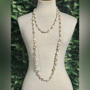 Beaded Long Necklace Pink White Flat Plastic Leaf Imprint Beads 34"